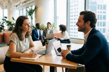 Hiring consultant and business leader discussing staffing needs during a professional consultation in a modern U.S. office environment